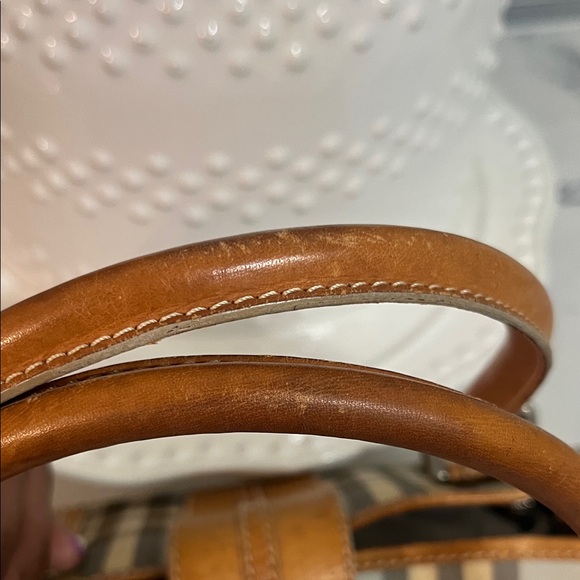 Burberry Cream and Tan Check Satchel with Leather Trim and Silver Hardware - Picture 4 of 14